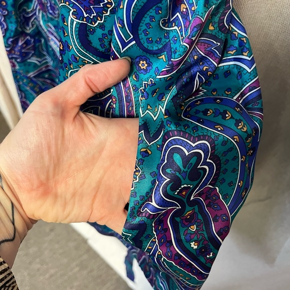 Vintage 90s Teal Purple Floral Paisley Silky Colorful Kimono Robe - Picture 11 of 12